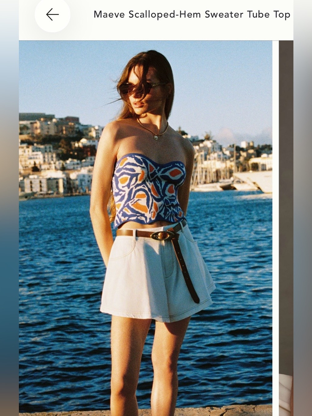 Maeve Blue Orange White Abstract Scalloped-Hem Sweater Tube Top